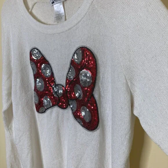 Disney Parks Minnie Mouse Sweater Womens Large Sequin Bow Knit Flaw Cosplay - Picture 5 of 9